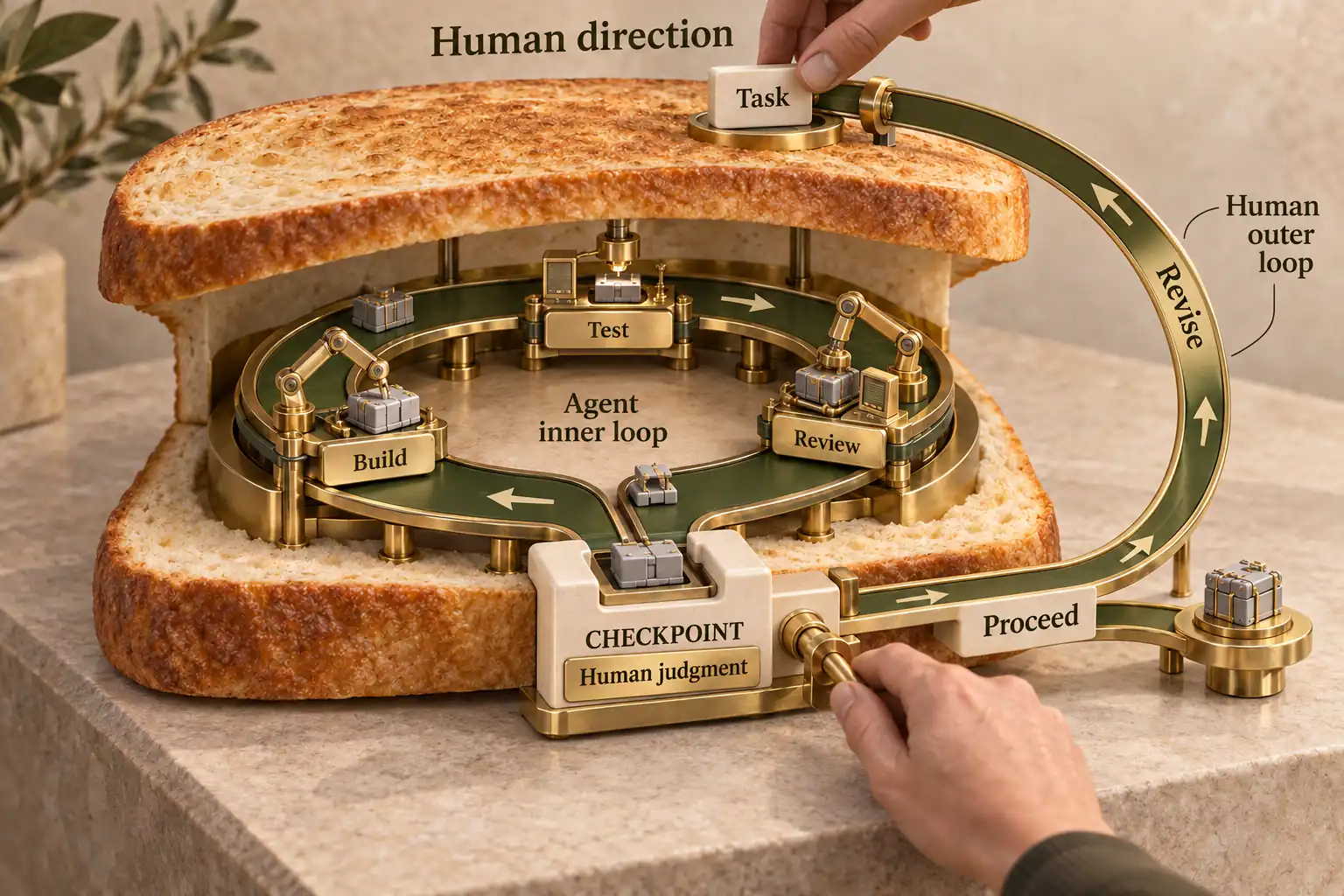 A sandwich surrounds an agent loop for building, testing, and review. A human checkpoint routes the result toward revision or proceeding.