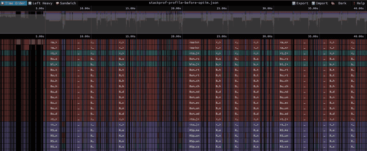 A StackProf profile spanning multiple feature specs, displayed through the Speedscope web app.